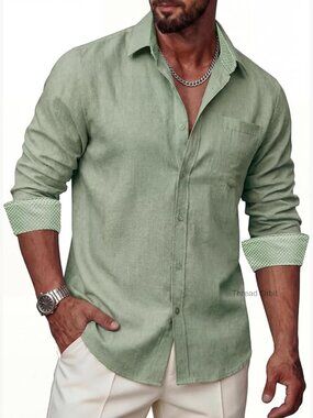 Mens Linen Button Down Shirt Long Sleeve Casual Dress Shirt Regular Fit Pocket